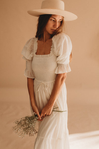 Enchanted Shirred Midi Dress