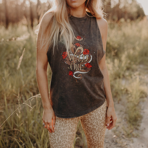 Ladies Wild One Muscle Tank - Stonewash Charcoal